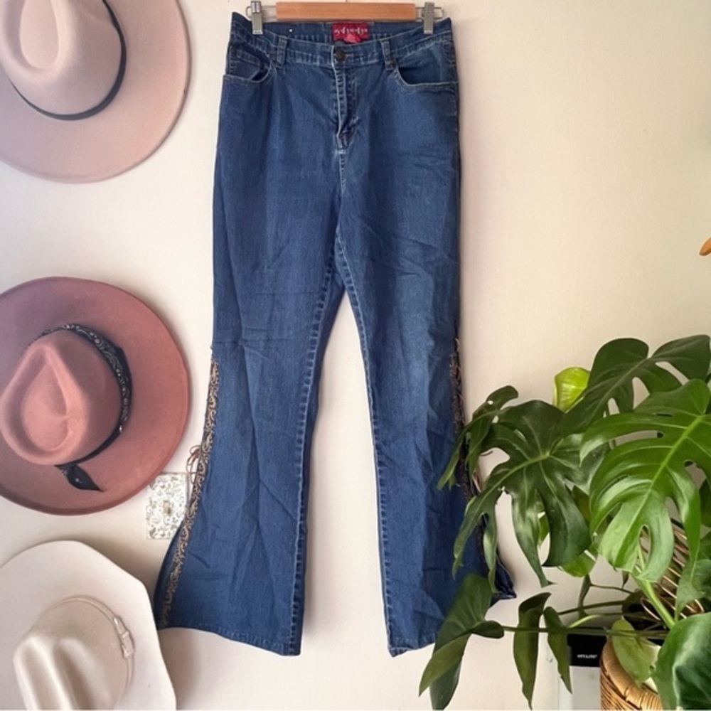 Vintage‎ 90s Y2K SOLO JEANS wide leg corset tie side SIZE 8 embroidered western